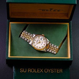 Rolex Mens Datejust 16233 Factory White Roman Dial 36mm Watch
